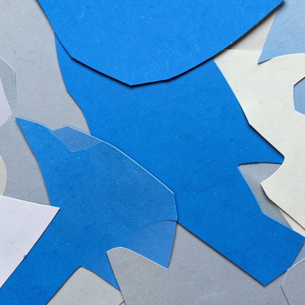 Layered paper cut-out of a bank building facade with columns, layered over a smartphone screen showing a transfer confirmation, in navy, teal, and cream tones