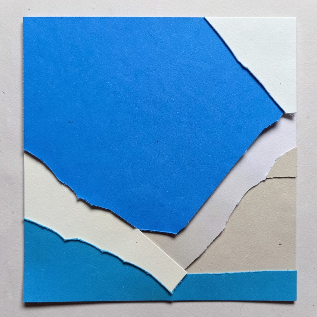 Layered paper cut-out collage of overlapping speech bubbles and envelope shapes in deep blue, teal, and soft white tones, conveying communication and support.