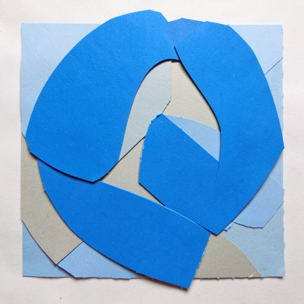 Layered paper cut-out collage of deep blue and teal abstract shapes with soft green map-like contours, conveying a calm digital entertainment atmosphere.